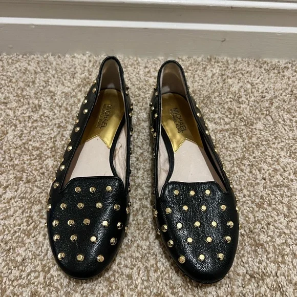 Michael Kors Ailee Black and Gold Studded Loafers/Flats Size 7 - Picture 2 of 12